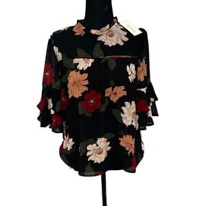 New Monteau Women’s Sz M top modest‎ Floral Sheer Lined Boho whimsigoth Fairy